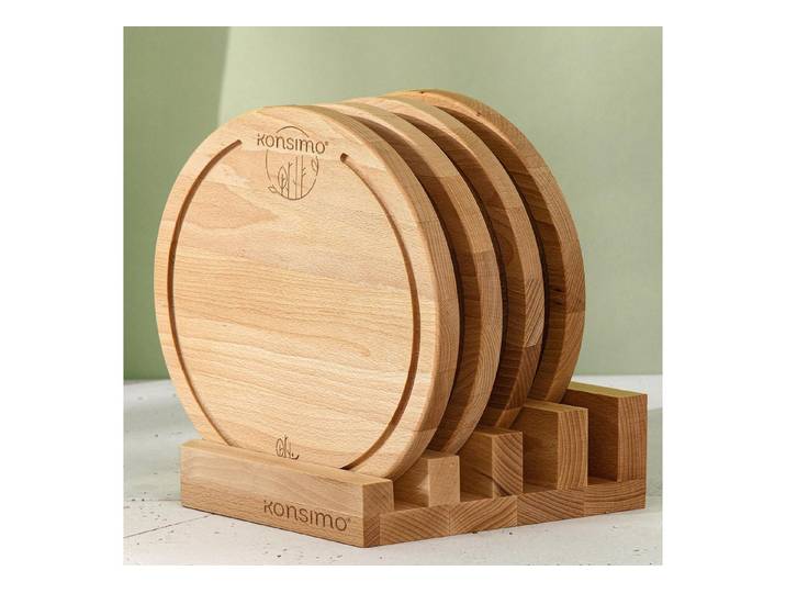 KONSIMO® Schneidebrett LESTE, HEMERO runde Schneidebrett-Set mit Brettständer, Handgefertigt, Massivholz Buche, (Inklusive eines Ständers für 4 Schneidebretter, 5-St), Premium Designschneiderbrett, mit Saftrillen, hergestellt in der EU