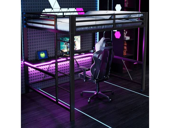 Lit mezzanine - SOGEU - Mezzanine 160x200 Bureau gaming LED USB - Structure métal noir - Sommier à lattes