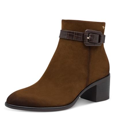 Stiefelette TAMARIS, Damen, Gr. 36, Synthetik Textil, beige (cognac), Leder, Lederimitat, Schuhe Stiefelette, Blockabsatz, Basic-Stiefelette, Boots mit Zierschnalle