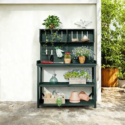 DEVERA "65"" Large Patio Wooden Workstation Garden Potting Bench Table with 4 Storage Shelves and Side Hook"