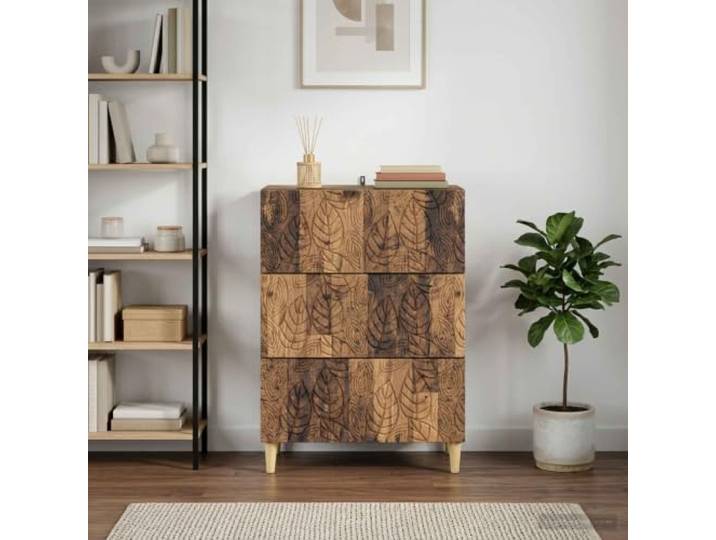 Schubladenschrank Altholz 66x34,5x90 cm Holzwerkstoff mit Eukalyptusbeinen Rechtwinkliges Design, massive Eukalyptusbeine, pflegeleichte Oberfläche, vielseitig einsetzbar