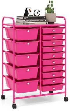 Costway 15-Drawer Utility Rolling Organizer Cart MultiUse Storage-Pink
