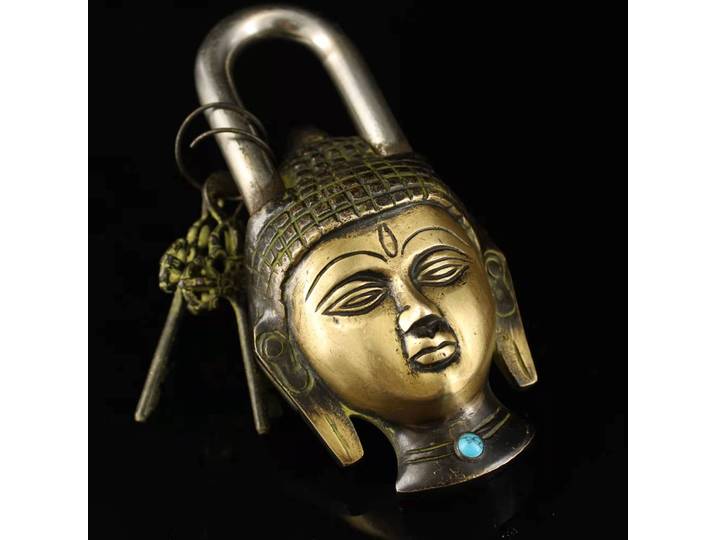 Décoration tête de bouddha du vieux Tibet, serrure en bronze avec pierres précieuses, Statue