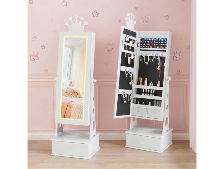 JoyGarden Armoire à bijoux enfant 35 pouces avec miroir LED 3 couleurs 3 tiroirs et rangement thème princesse - Blanc