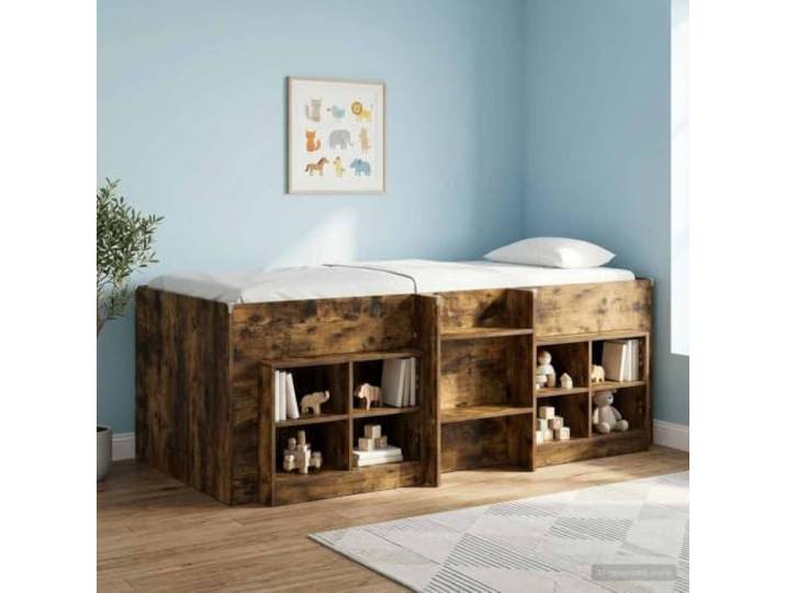 KTHLBRH Hochbett für Kinder, Eichenholz, Rauchgrau, 90 x 200 cm Technisches Holz, integrierte Leiter, Unterbettraum, modernes Design