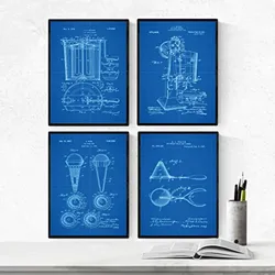 POSTER Set mit 4 Blau Eismaschine Patent A4 Rahmenlos