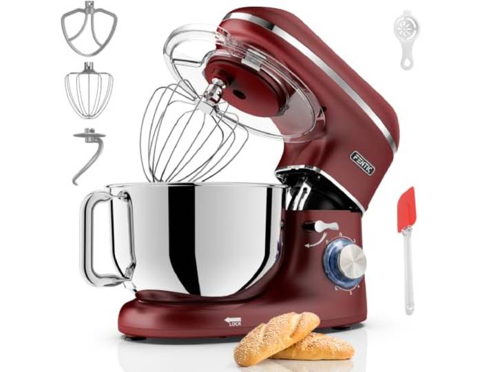 Fentic Küchenmaschine - 2000W - Edelstahl Rührschüssel (6,2 L) - Küchenmixer mit Rührhaken, Knethaken, Schlagbesen und Spritzschutz - Inkl. zusätzlichem Zubehör (Rot)