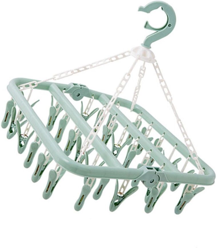 INF 32-Clip Faltbarer Wäschebügel – windgeschützt, ABS-Kunststoff, mit Haken, platzsparend und tragbar, 275g Grün