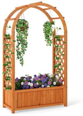 Costway Raised Garden Bed with Lattice Trellis Ached Roof Wooden Elevated Planter Box-Brown