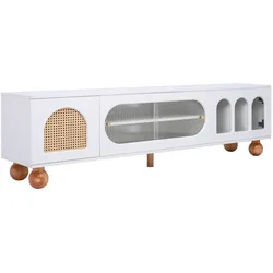 OKWISH TV-Schrank 170x47x37cm Weiß Holzoptik mit Rattantüren und Glasschiebetüren moderner Fernsehtisch mit Stauraum Soft-Door-System Wohnzimmer Möbel