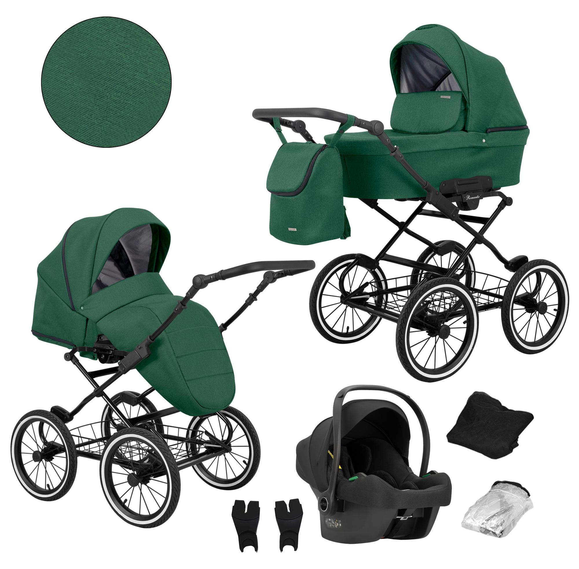 Kunert Romantic 3-in-1 Kombikinderwagen Grün mit Babyschale, schwarzer Rahmen