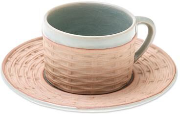 Novica Handmade Wicker In Green Ceramic Cup And Saucer