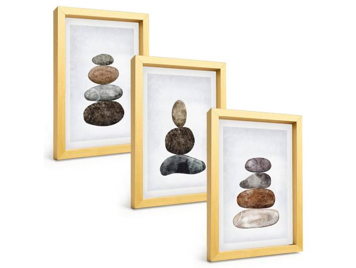 Tulup Bilder SET 3er Set - 20x30 cm Goldrahmen - Minimalistische Boho-Steine, Goldfarben, Kunststoff, Rechteckig, 20x30 cm, gerahmt, Bilder & Rahmen, Bilder