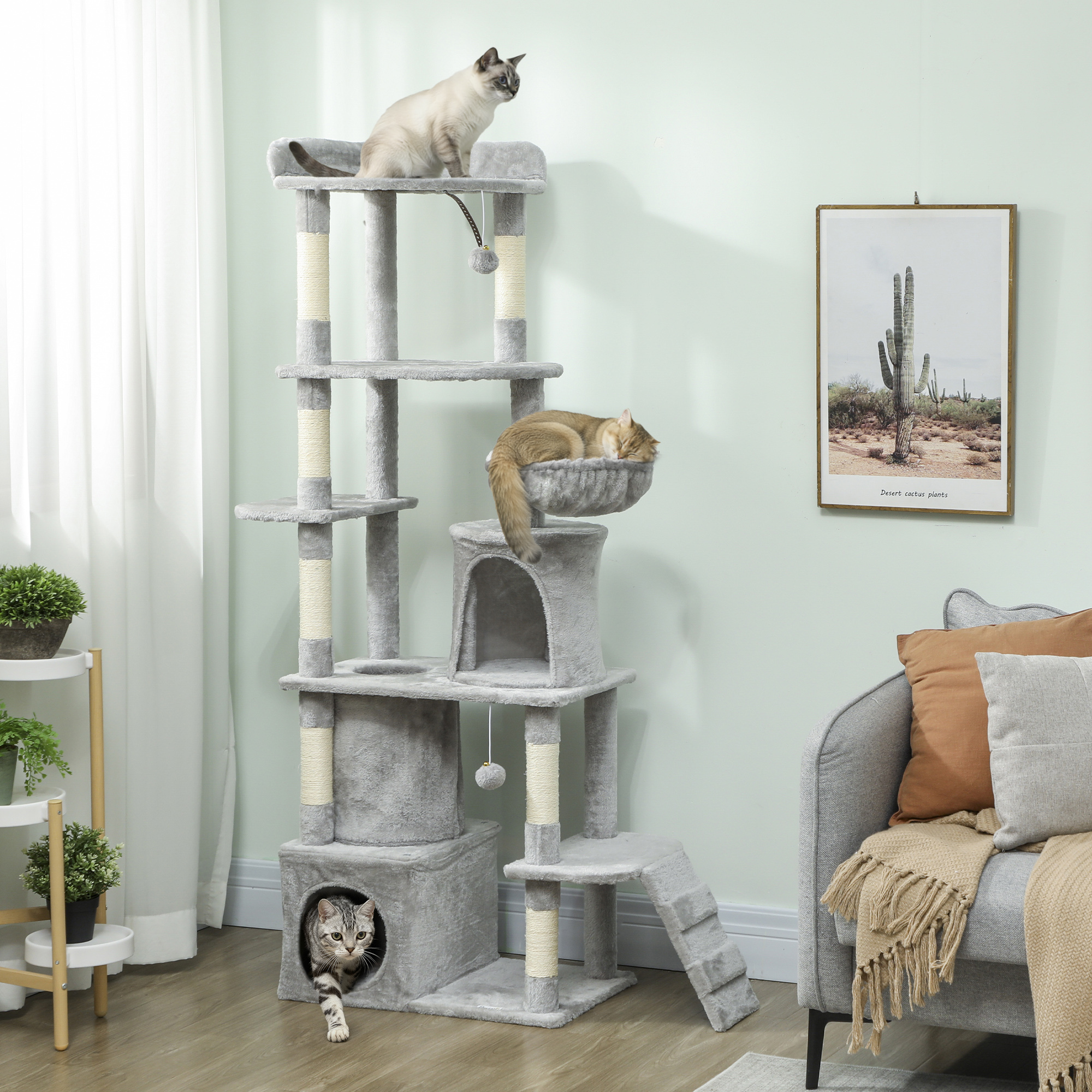 Pawhut Albero Tiragraffi per Gatti con 2 Casette, Amaca, Tunnel, e Lettino, Pali in Sisal, 60x40x170 cm, Grigio   Aosom Italy