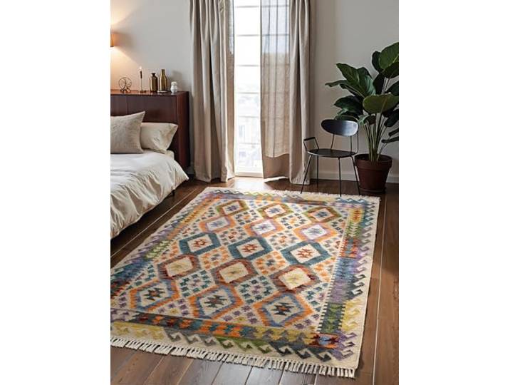 Hanse Home Afghan Kelim Tapis Oasis - Tapis Traditionnel coloré tissé à la Main en Laine et Coton - Style Afghan Oriental avec Franges - pour Salon\, Chambre à Coucher - Crème Multicolore - 160 x 230