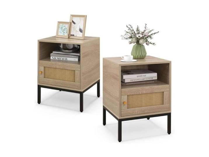 Lot de 2 Table de Chevet avec Rangement COSTWAY-Compartiment Ouverte-Armoire à Porte-Décoration en Rotin-Effet Bohème-40x40x57cm