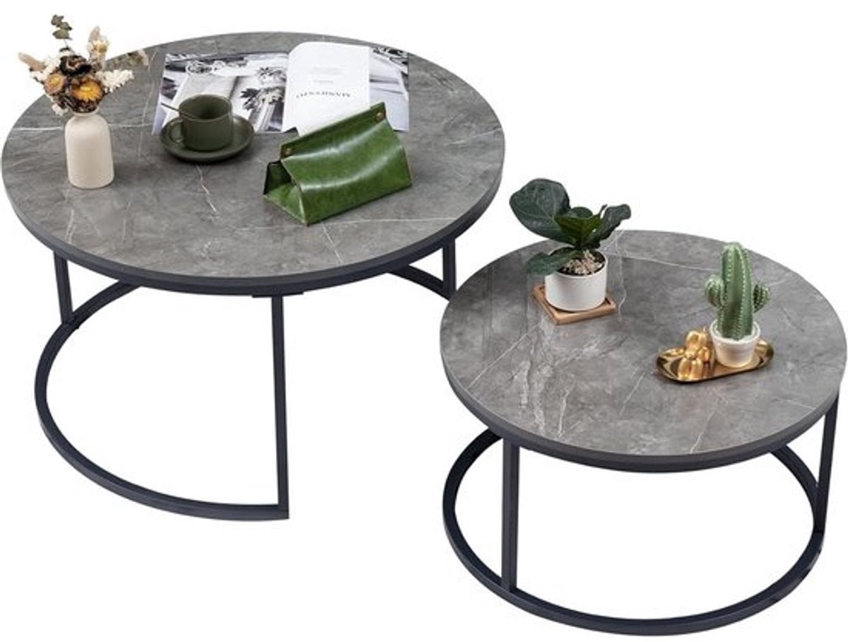 Moderne ronde salontafelset van 2 - Donkergrijs marmer met zwart stalen frame
