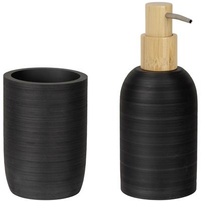 Badaccessoire-Set WENKO "Altavalle", schwarz, geriffelt, Kunststoff, Badaccessoires-Sets, bestehend aus Seifenspender und Zahnputzbecher, Polyresin