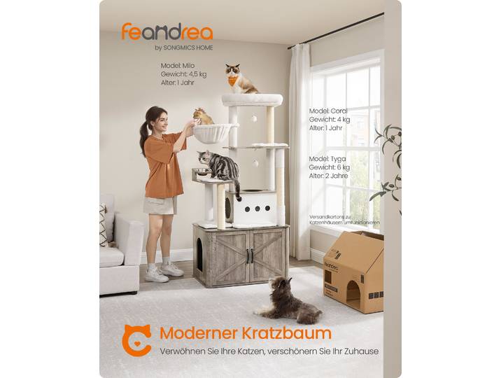 Feandrea Kratzbaum, Katzenklo-Schrank, erhöhte Fressnäpfe, mehrstöckiger Katzenbaum, Kratzstämmen greige meliert
