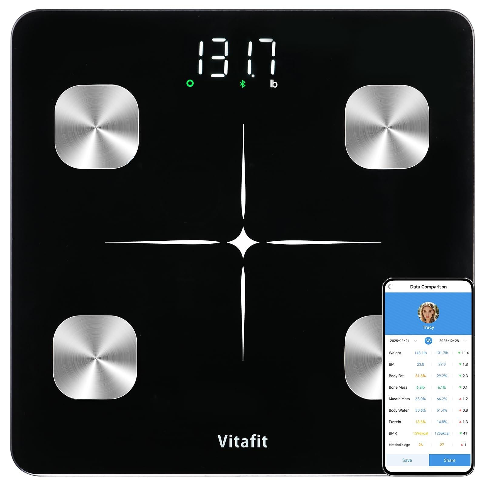 Selius Digitale Lichaamsvetweegschaal met App, Max 182kg, Zwart