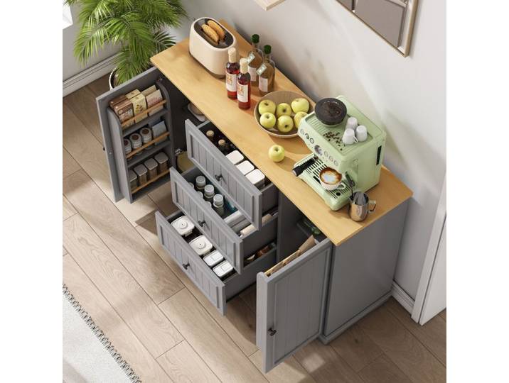 Buffet bas gris 126x40x86 cm 3 tiroirs 2 portes avec étagères réglables MDF design contemporain FOLYNA
