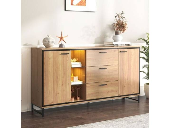 Buffet moderne - 3 tiroirs - 2 portes - Bois et noir - Design contemporain