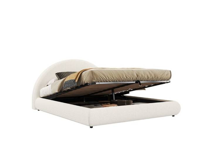 ULEVR lit coffre double rembourré 180x200 cm - avec sommier à lattes et tête de lit haute bouclé blanc
