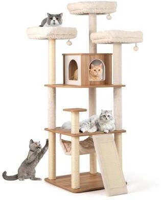 Costway 68 Inch Tall Cat Tree with 3 Padded Perches Condo and Sisal Scratching Posts-Natural
