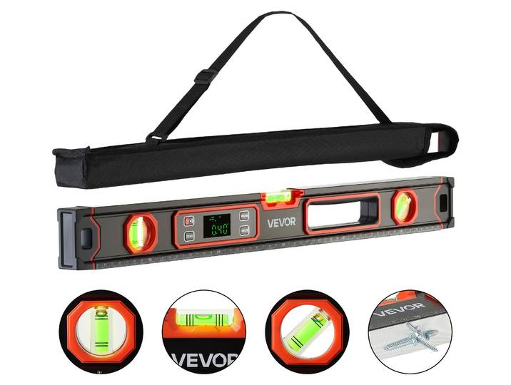 Niveau à bulle numérique VEVOR avec écran LCD\, niveau à 3 bulles de 60 cm (90°/45°/0°)\, niveau de maçonnerie méganétique avec indice de protection IP54 et 2 piles\, outil de mesure à 360° pour les chantiers et la rénovation de maisons
