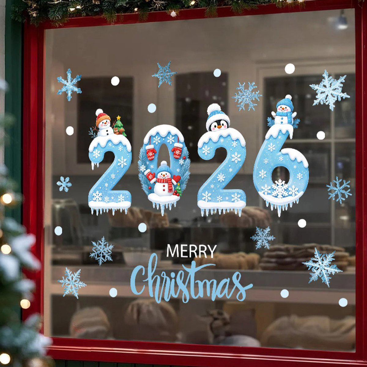 Set van 2 blauwe statische kerst raamstickers met sneeuwpoppen en sneeuwvlokken voor winterse decoratie