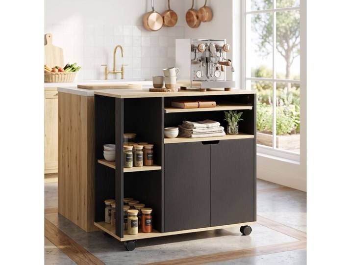 VUENOR Îlot de cuisine roulant 80x40x82 cm noir – plan de travail rangement à double porte