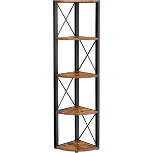 Vasagle Bücherregal LLS805B01, schwarz / vintage braun, Eckregal aus Metall / Holz, 5 Ebenen, 30 x 160 x 30cm