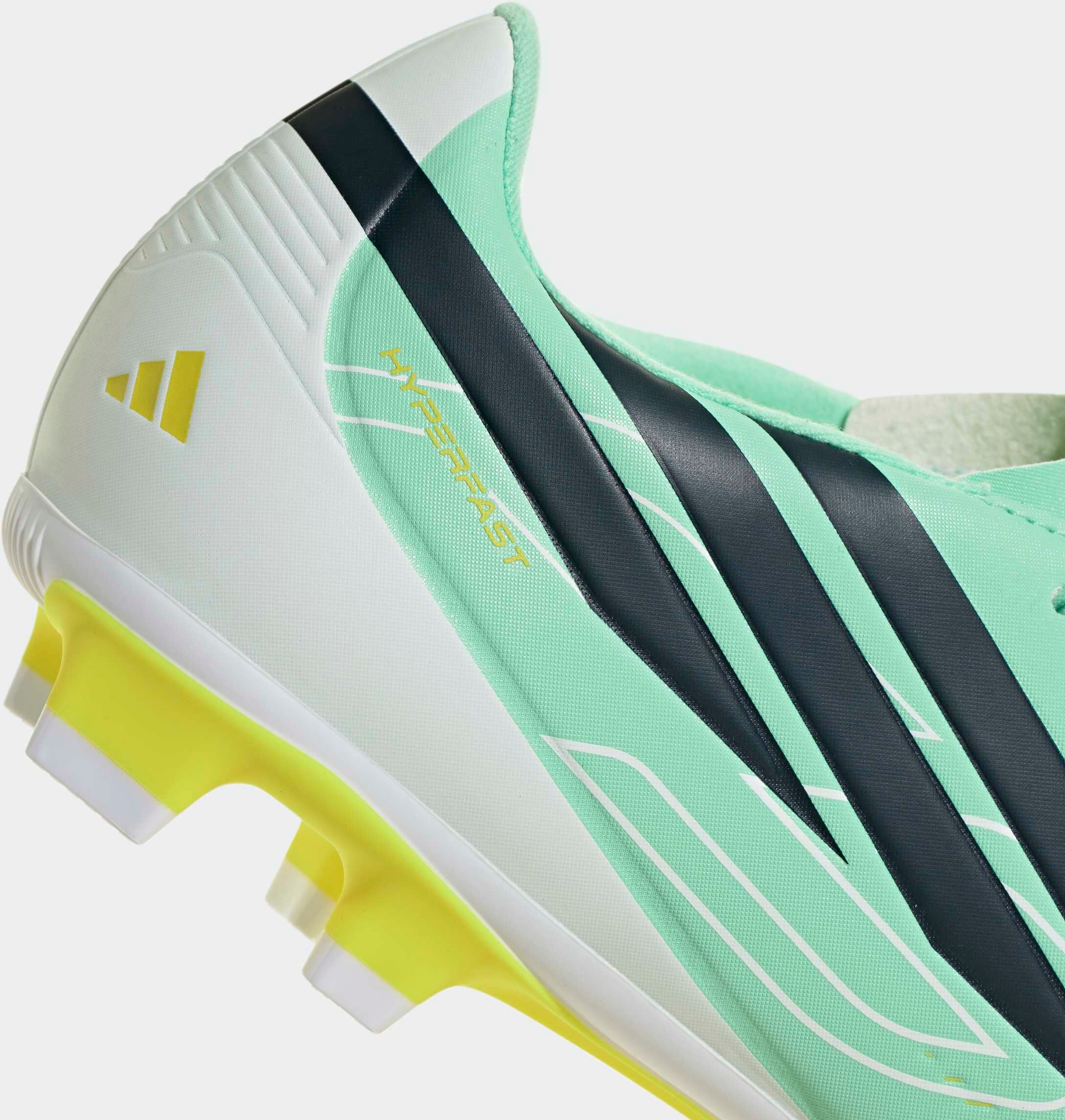 Fußballschuh ADIDAS PERFORMANCE "F50 HYPERFAST CLUB, FESTE BÖDEN/GEMISCHTE BÖDEN", Gr. 47, grün (pulse mint, night navy, solar lemon), Synthetik, Schuhe Fußballschuh, für viele verschiedene Böden geeignet