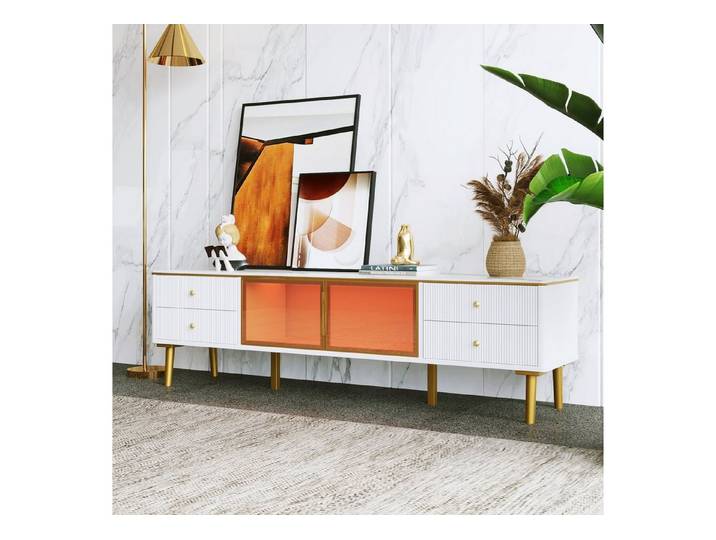 Merax Lowboard, Marmoroptik mit LED, TV-Schrank Holz, TV-Board mit Metallbeine