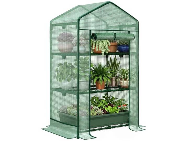 Outsunny Mini-Gewächshaus, Folienabdeckung, 3 Regalböden, Rolltür, Regale
