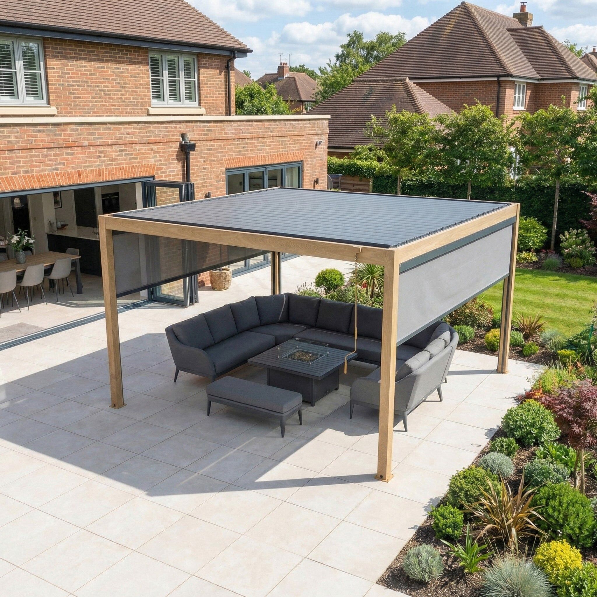 Harbour Lifestyle PergoSTET Plus 4m x 4m Square Pergola with 3 Manual Side Blinds and LED Lighting in Wood Effect
