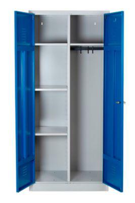 Putzmittelschrank, B 800 mm, 4 Böden, kompl. Mitteltrennwand, abschließbar, enzianblau RAL 5010/l.grau RAL 7035