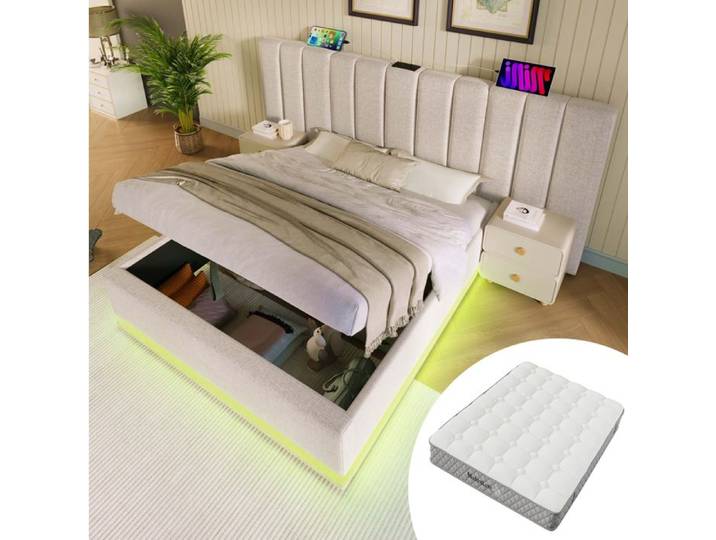 Lit rembourre SENVIRO avec matelas et LED RGB 180 x 200 Beige avec ports USB et USB C