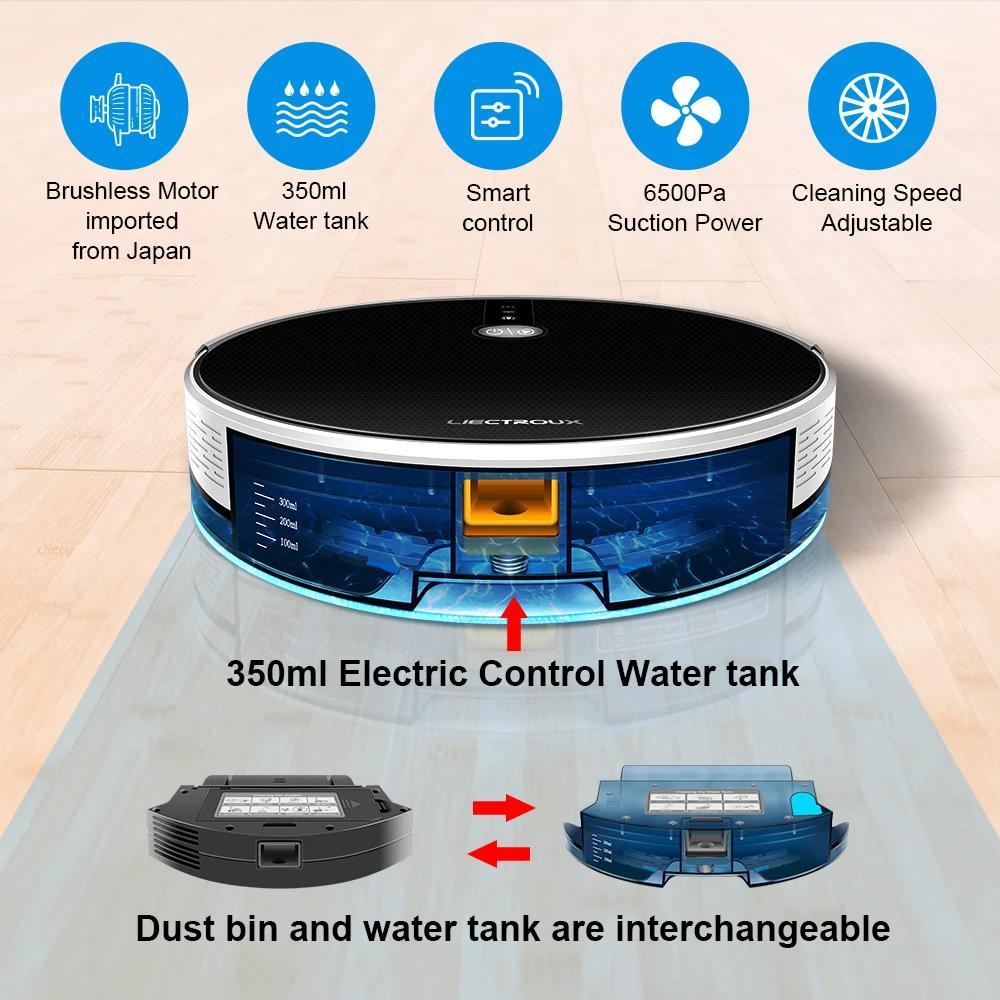 Saugroboter C30B - 6000Pa Saugleistung - 2D Karten-Navigation mit App - 350ml elektrischer Wassertank 600ml Staubbehälter - HEPA-Filter - Schwarz