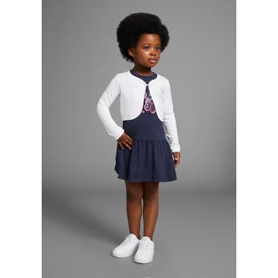 Bolero, Kleid & Leggings KIDSWORLD "2tlg. Set : Kleid mit Bolero-Jacke", Mädchen, Gr. 92/98, blau (marine, weiß), Jersey, Obermaterial: 95% Baumwolle, 5% Elasthan. Jacke: 100% Baumwolle, bedruckt, KOB Set-Artikel, Outfit für kleine Mädchen