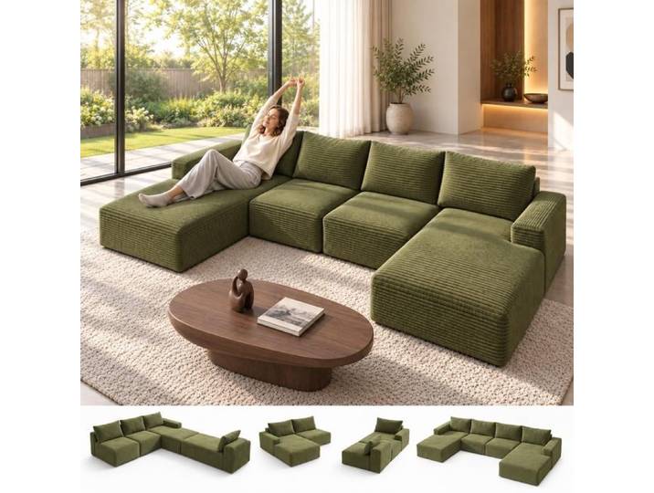Canapé Modulaire en U Velours Côtelé Vert Olive ZARPATH Canapé Sectionnel Modulable Reconfigurable pour Salon Moderne