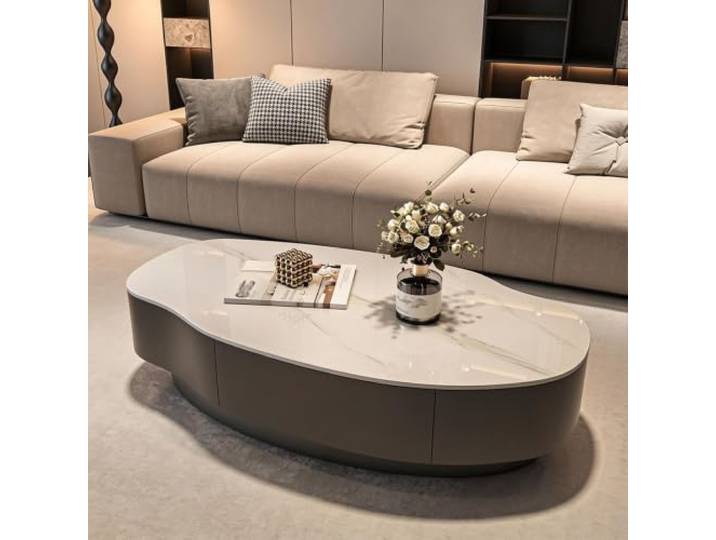 Mango Couchtisch mit Sintersteinplatte, Moderner Minimalistischer Stil Sintersteinplatte, Mango-Form-Design, moderner minimalistischer Stil, Creme-Optik, Couchtisch für kleine Räume, Wohnzimmer