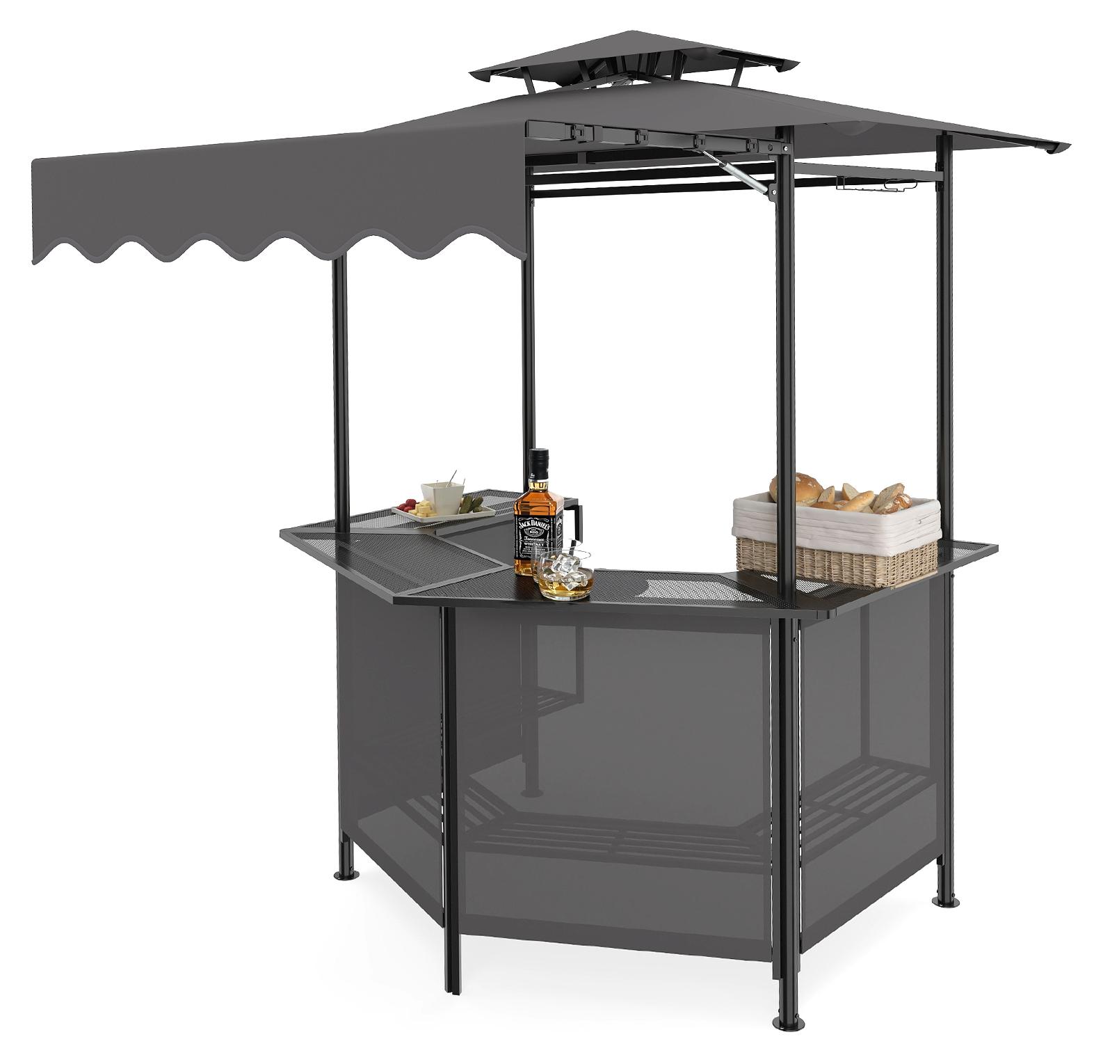 COSTWAY Grillpavillon mit Bar, 3tlg. Bar-Set mit 2 Barhockern, Doppeldach, Markise, Haken & Metallregalen, Pavillon Grillüberdachungen 136x103x242cm