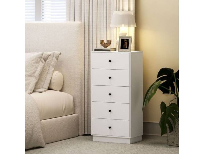 Commode 5 Tiroirs avec Anti-basculement - ELVMI - Meuble de Rangement Moderne pour Chambre Entrée Blanc 47×29×95 cm