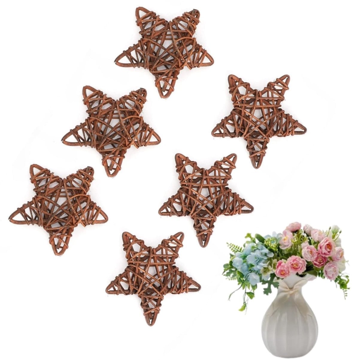 Dailygoods Rotan Sterren Decoratie Ballen - 6 Stuks - Handgemaakt