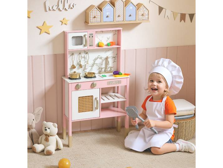 AIYAPLAY Cuisinette Bois Rose avec Accessoires et Légumes