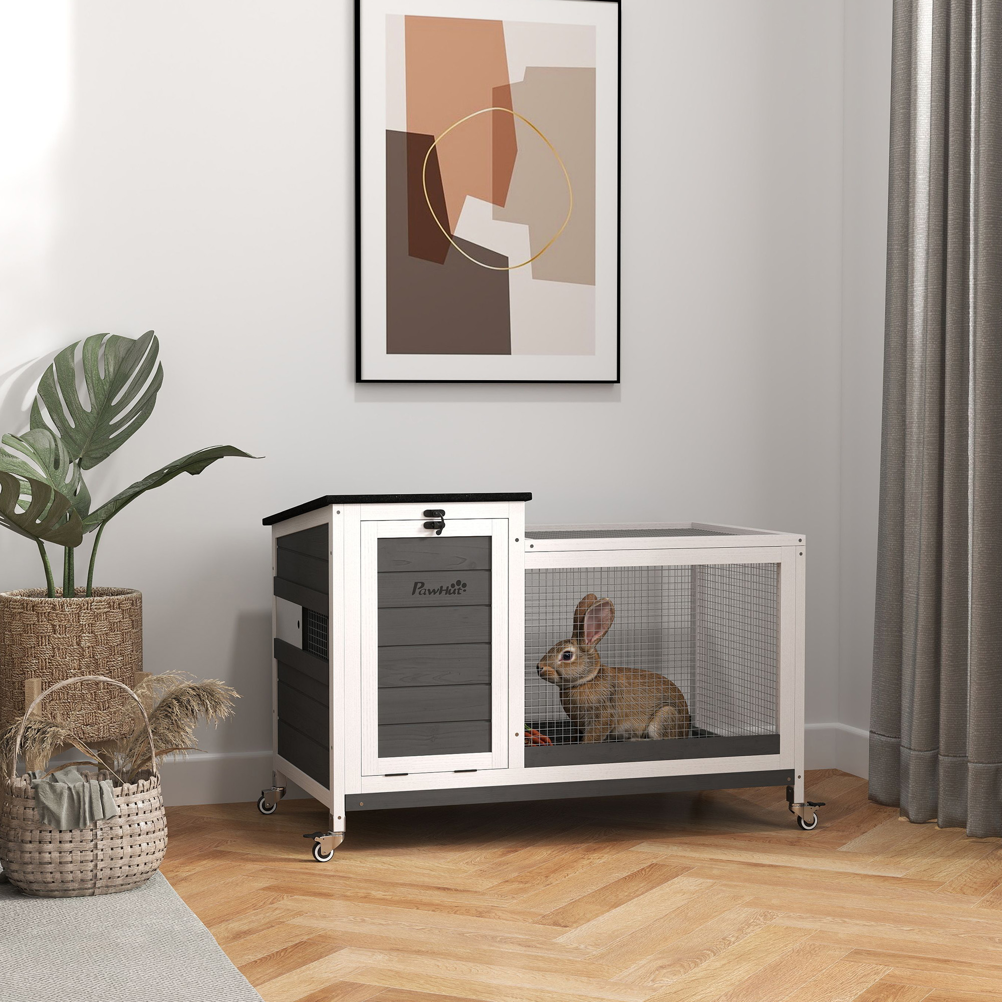 Pawhut Conigliera da Esterno a Rotelle con Vassoio Estraibile, in Legno di Abete e Acciaio, 91x51x66 cm, Multicolore
