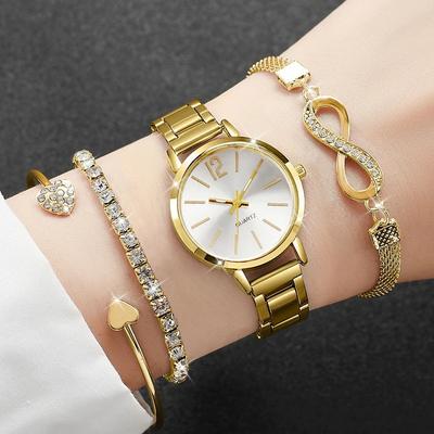 Uplift Essentials 4 Piece Light Luxury Quartz Watch Set Versatile Casual Sports Style Timepiece And Matching Bracelet Collection gold