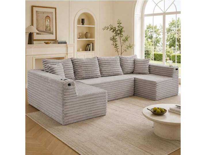 Canape En U Gris Clair 6 Places Canape Modulable FloraGrace Pour Salon Porte-Gobelet Et Poche 320x155x88cm