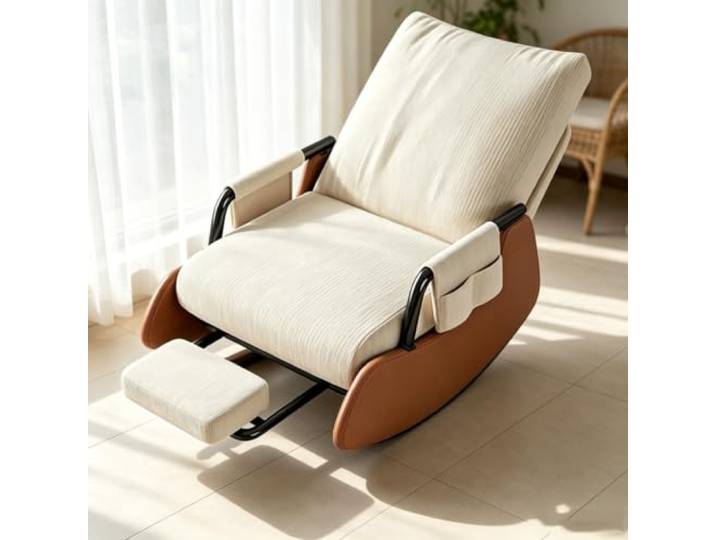 LCNDKF Lounge Schaukelstuhl mit Praktischer Seitentasche Bequemer Schaukelsessel mit 60cm breiter Sitzfläche und platzsparender Beinauflage fürs Wohnzimmer.
